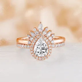 Pear Halo Moissanite Bridal Set Rose Gold Curved Wedding Band