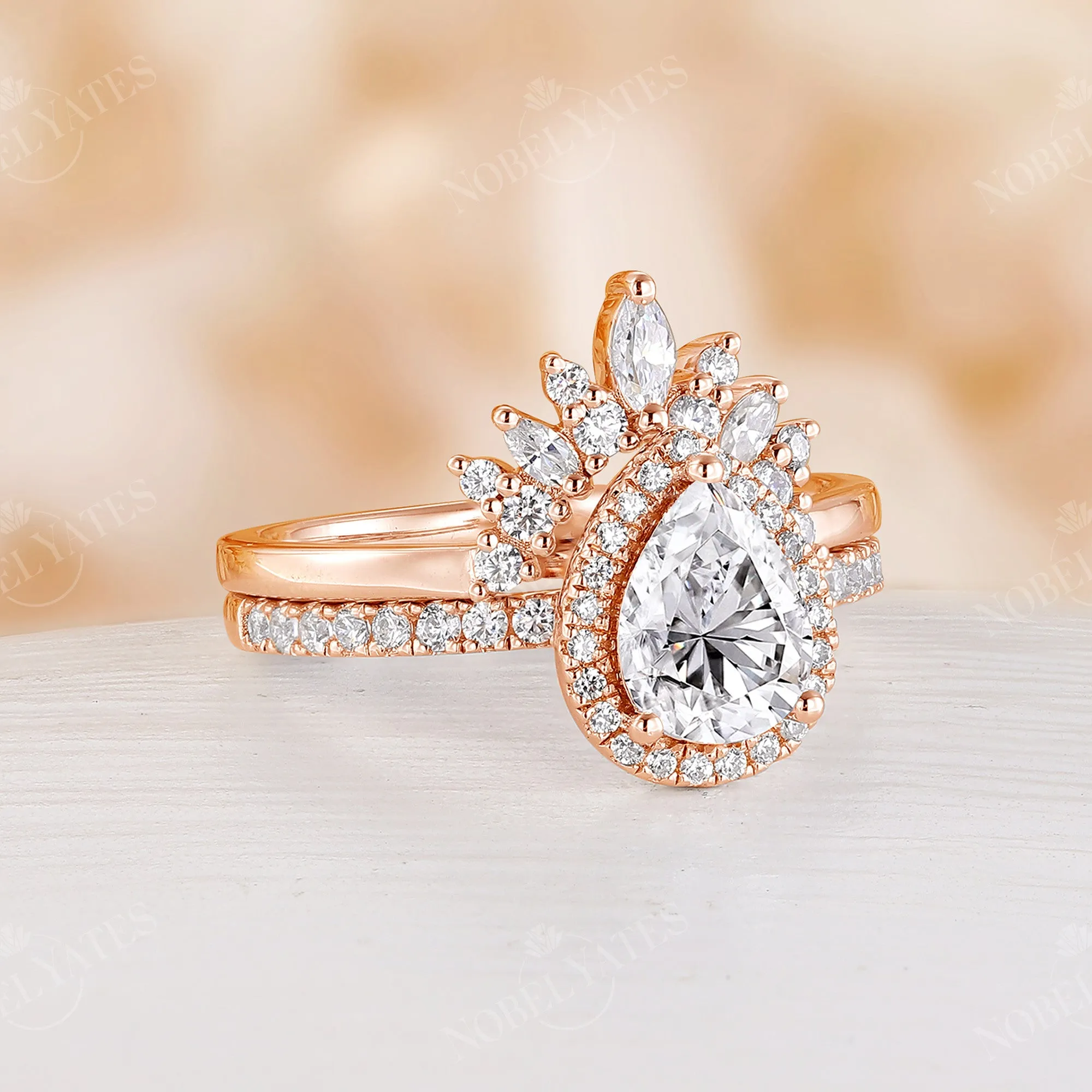 Pear Halo Moissanite Bridal Set Rose Gold Curved Wedding Band