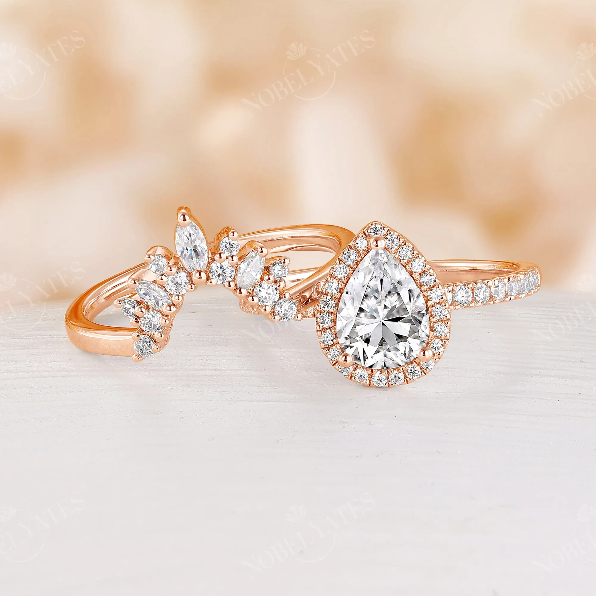 Pear Halo Moissanite Bridal Set Rose Gold Curved Wedding Band