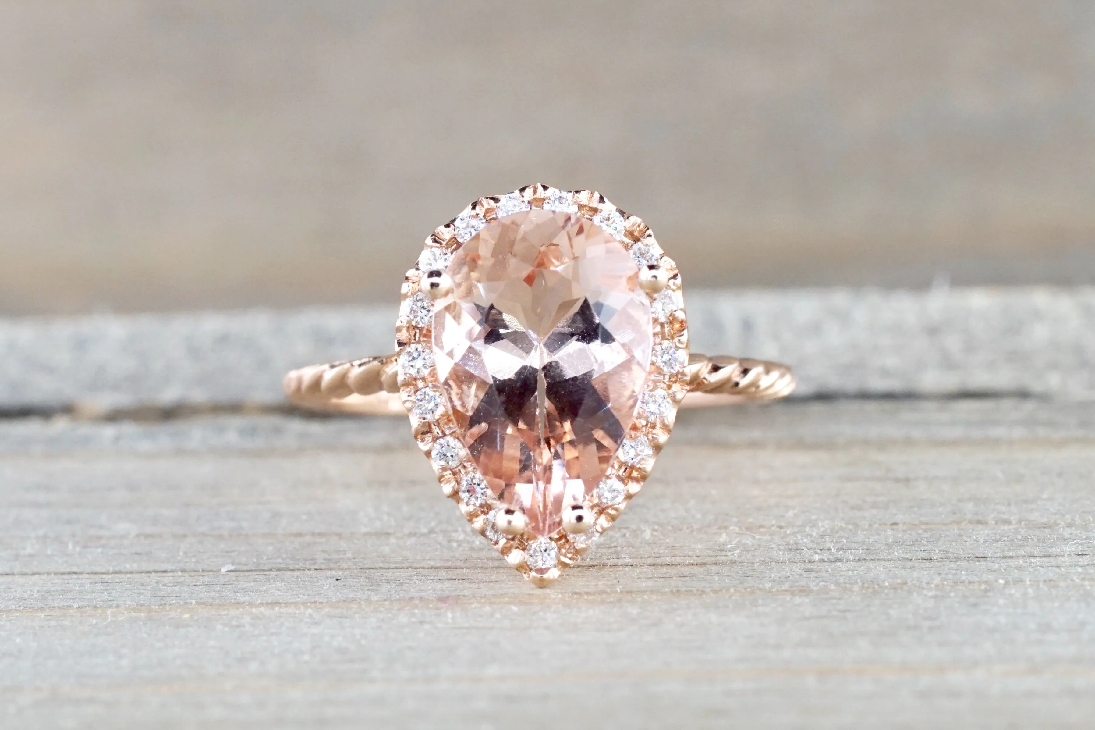 Pear Morganite Diamond Halo Rope Ring