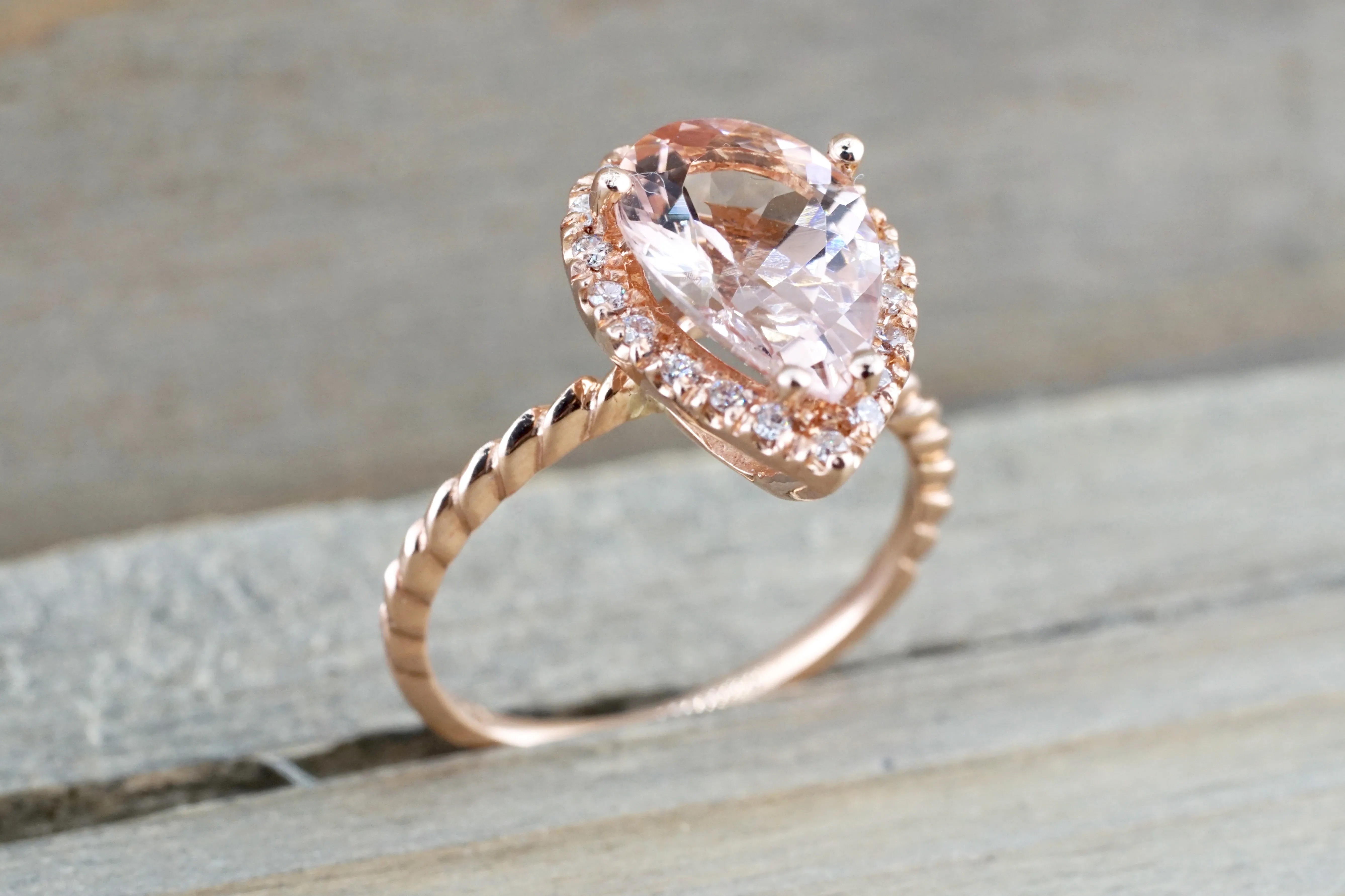 Pear Morganite Diamond Halo Rope Ring