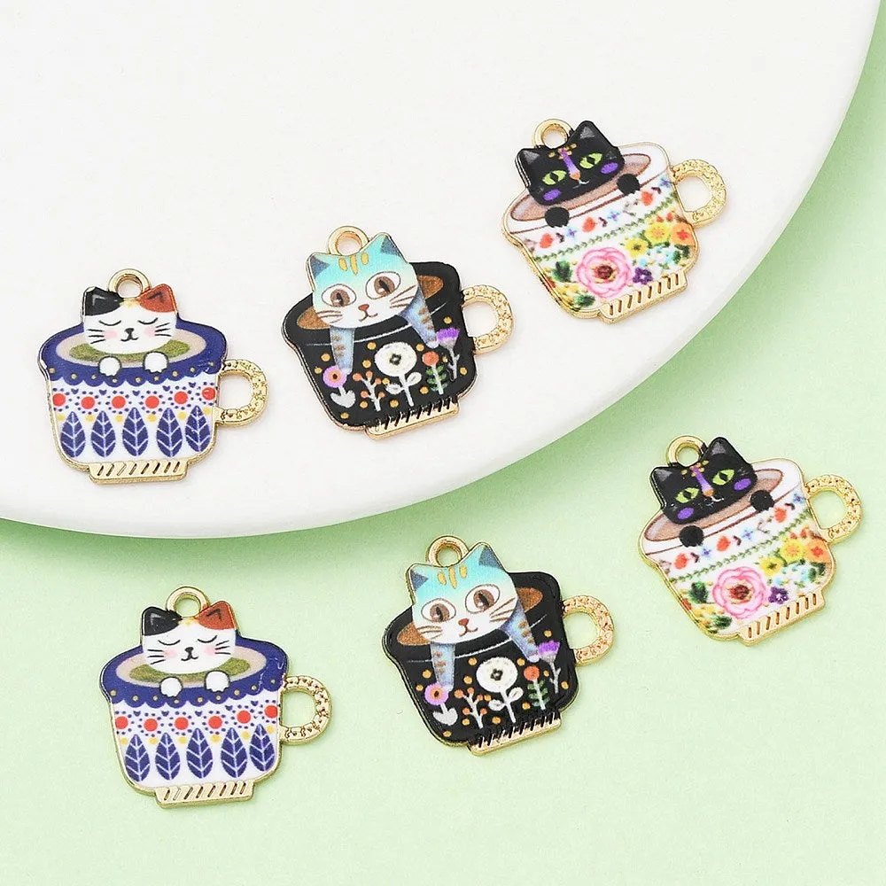 Pendants, Assorted, Cat In Cup, Floral, Printed, Enameled, Light Gold, Alloy, 22.7mm