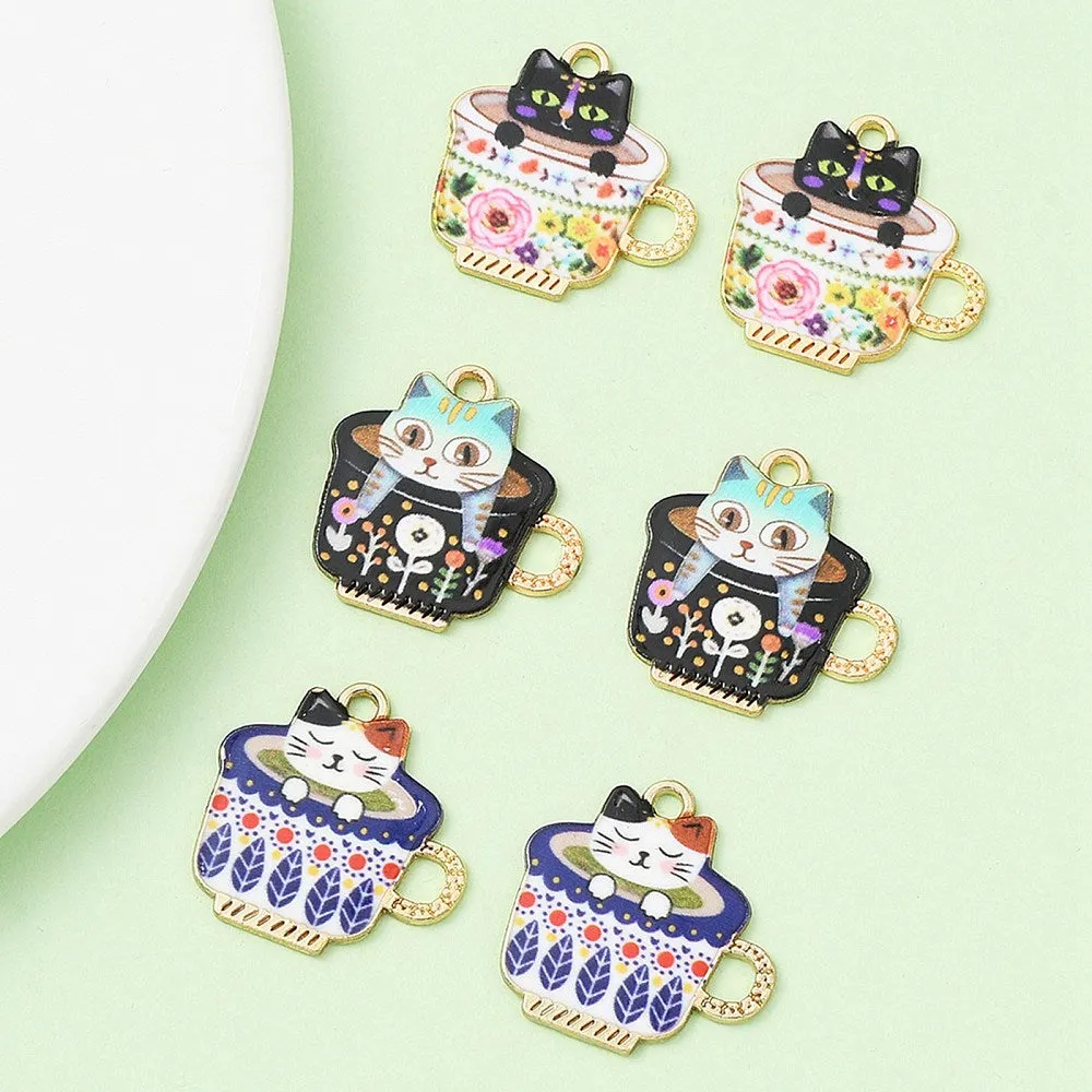 Pendants, Assorted, Cat In Cup, Floral, Printed, Enameled, Light Gold, Alloy, 22.7mm