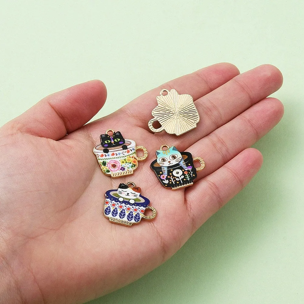 Pendants, Assorted, Cat In Cup, Floral, Printed, Enameled, Light Gold, Alloy, 22.7mm