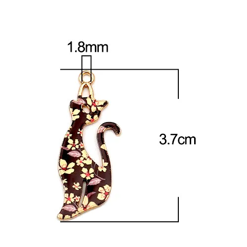 Pendants, Cat, Single-Sided, Enameled, Black, Floral Pattern, Gold Plated, Alloy, 37mm