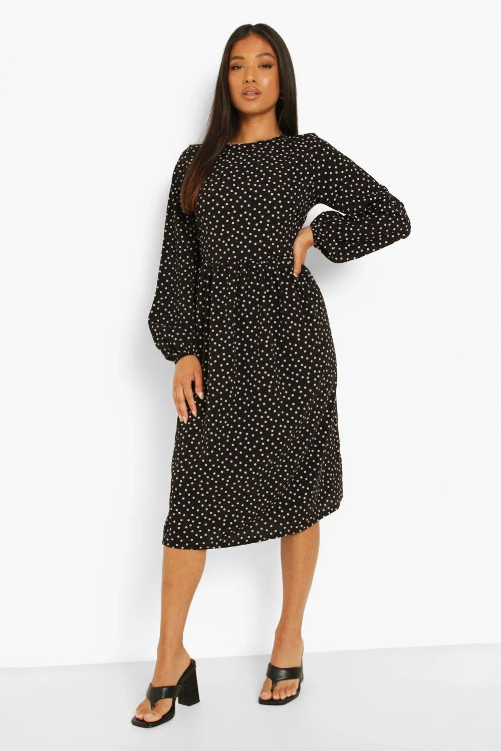 Petite Long Sleeve Spot Smock Midi Dress