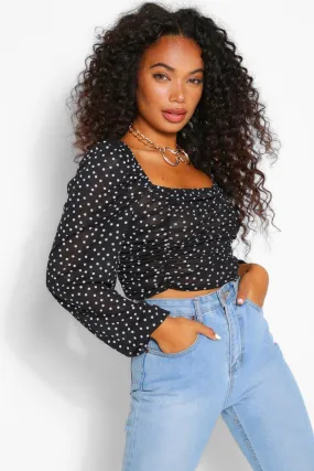 Petite Spot Long Sleeved Ruched Front Crop Top