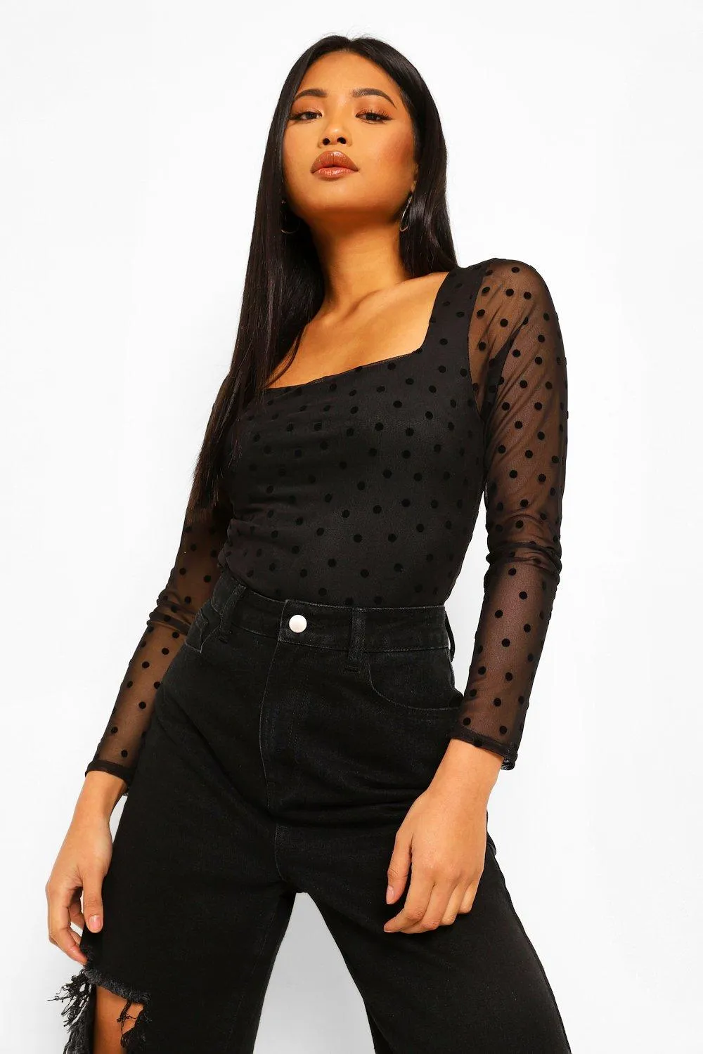 Petite Spot Mesh High Neck Puff Sleeve Bodysuit