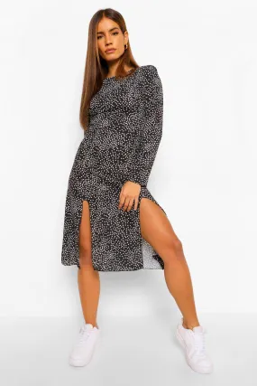 Petite Spot Print Long Sleeve Split Midi Dress