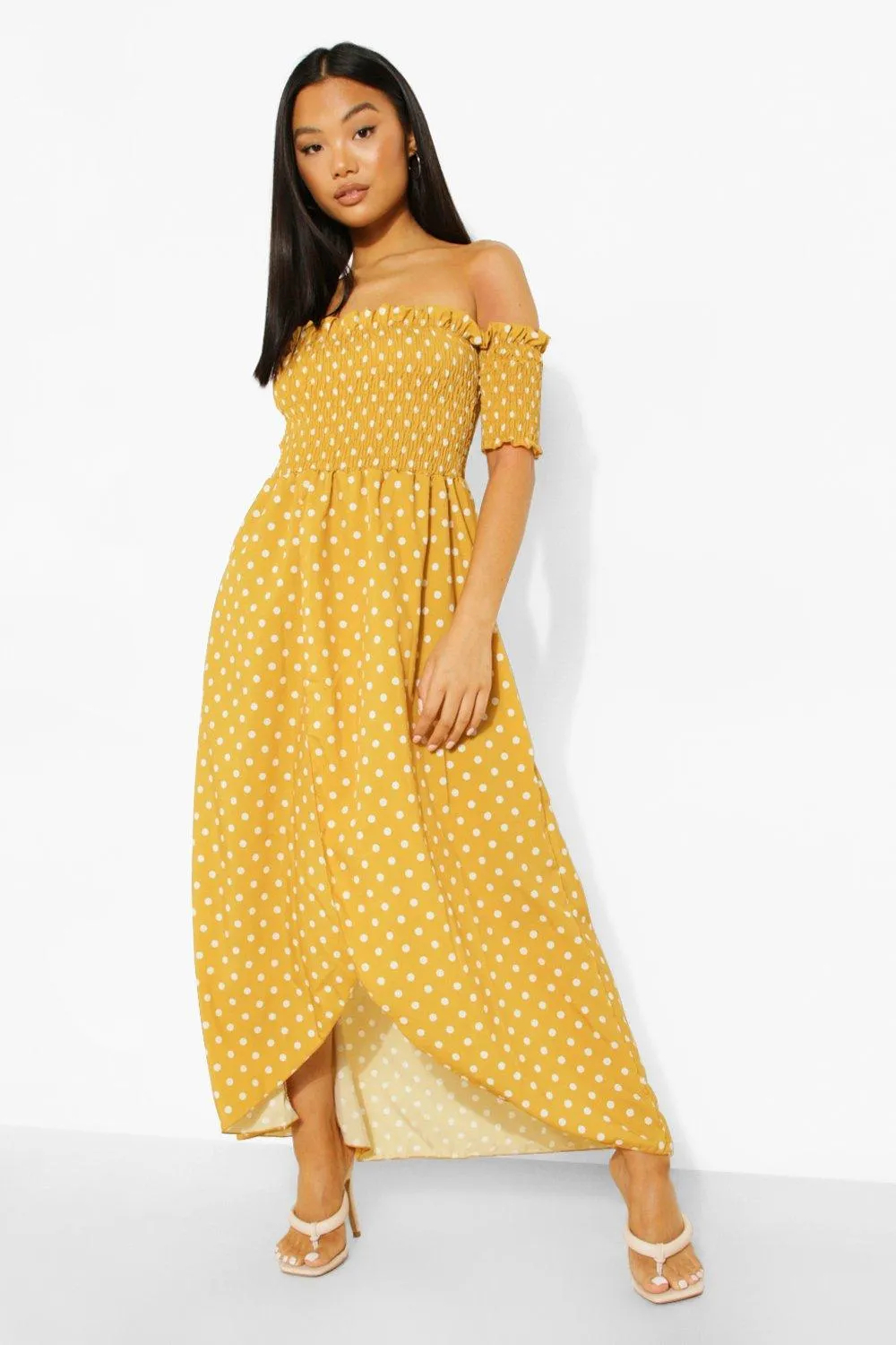 Petite Spot Shirred Wrap Front Maxi Dress