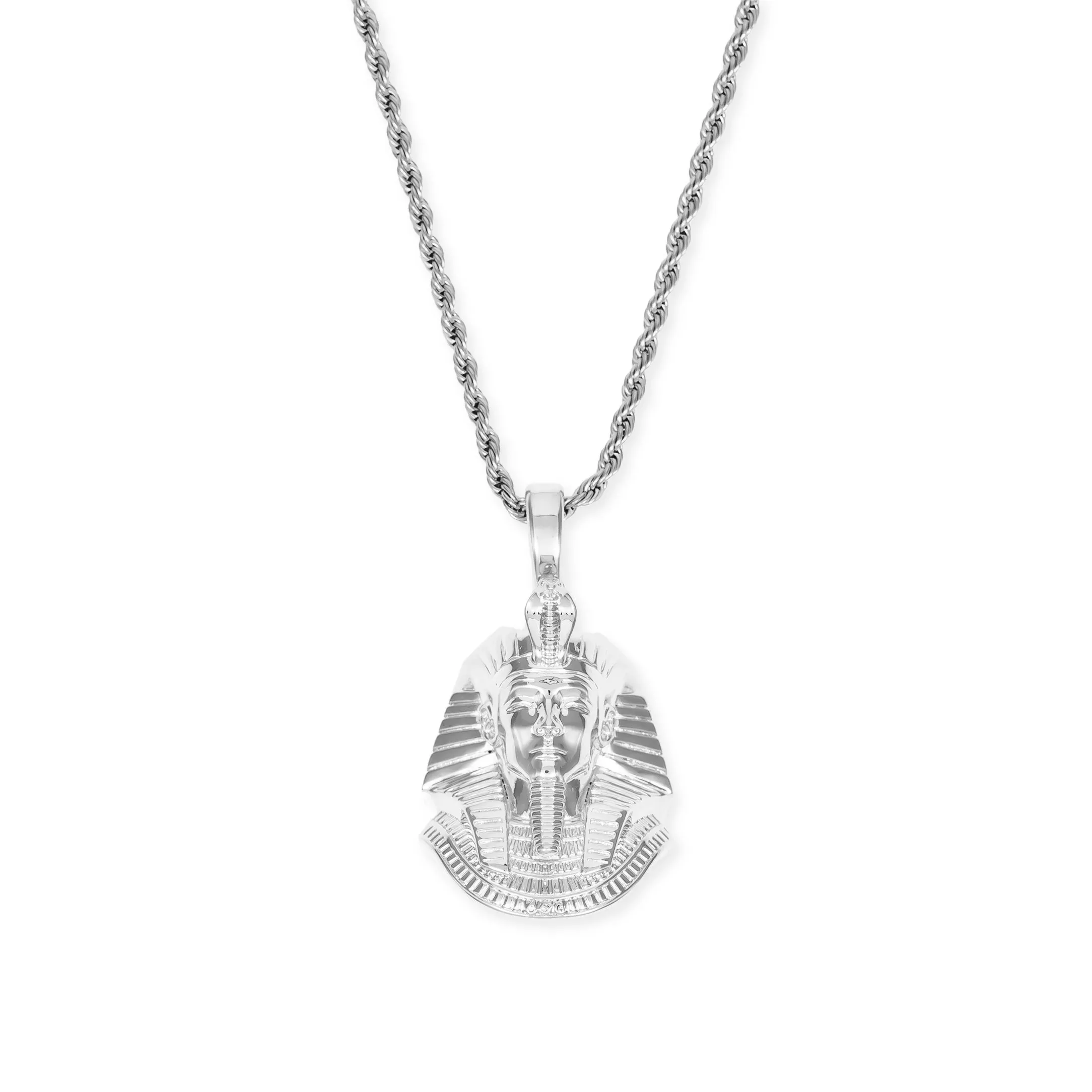 Pharaoh Head V2 Necklace Pendant & Rope Chain White Gold