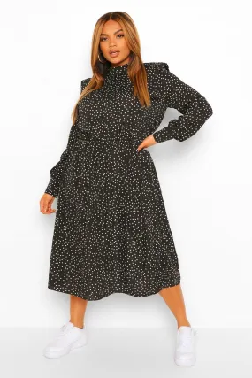 Plus Shoulder Pad Spot Print Midi Dress