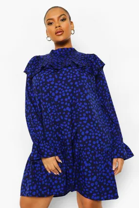 Plus Spot Print Ruffle Smock Dress