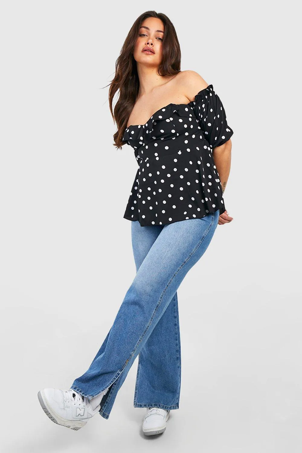 Plus Woven Spot Off The Shoulder Peplum Top