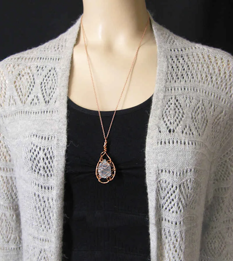 Raw Blue Celestite Crystal 'Cage' Pendant Necklace, Copper Wire-Wrapped, Handmade