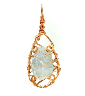 Raw Blue Celestite Crystal 'Cage' Pendant Necklace, Copper Wire-Wrapped, Handmade