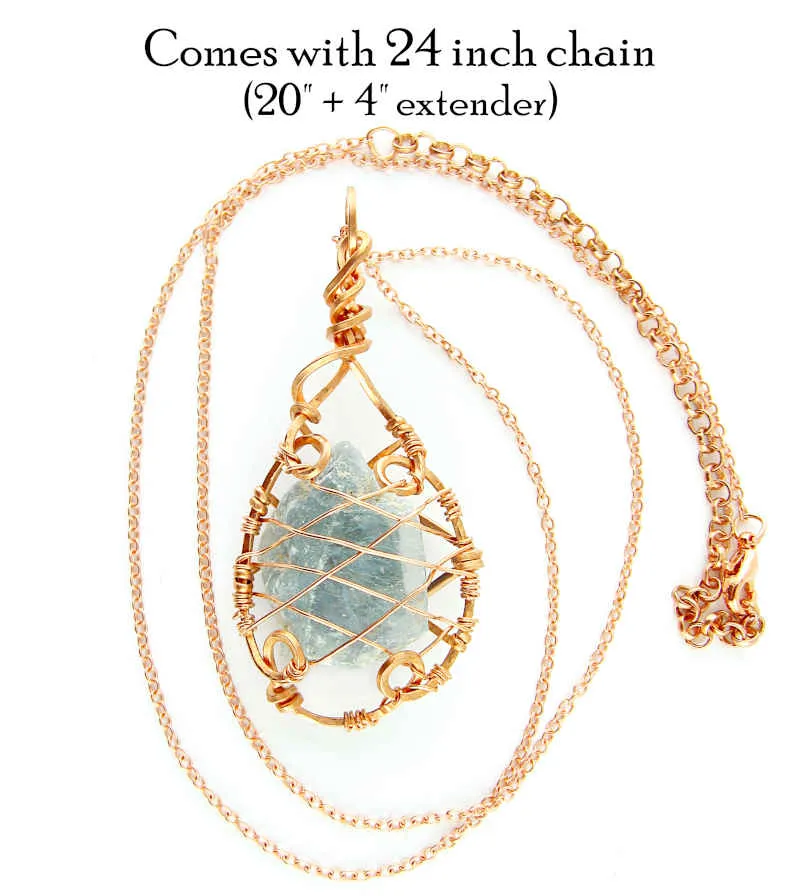 Raw Blue Celestite Crystal 'Cage' Pendant Necklace, Copper Wire-Wrapped, Handmade