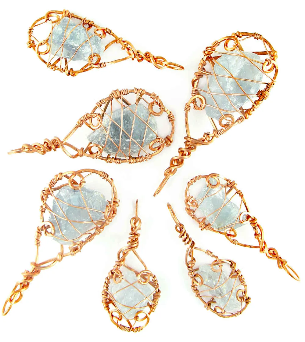 Raw Blue Celestite Crystal 'Cage' Pendant Necklace, Copper Wire-Wrapped, Handmade