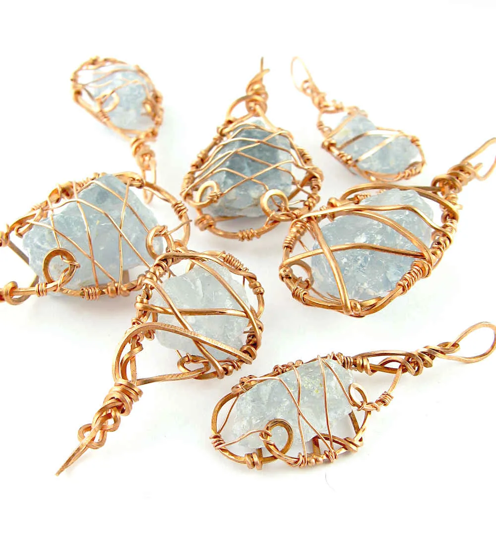 Raw Blue Celestite Crystal 'Cage' Pendant Necklace, Copper Wire-Wrapped, Handmade