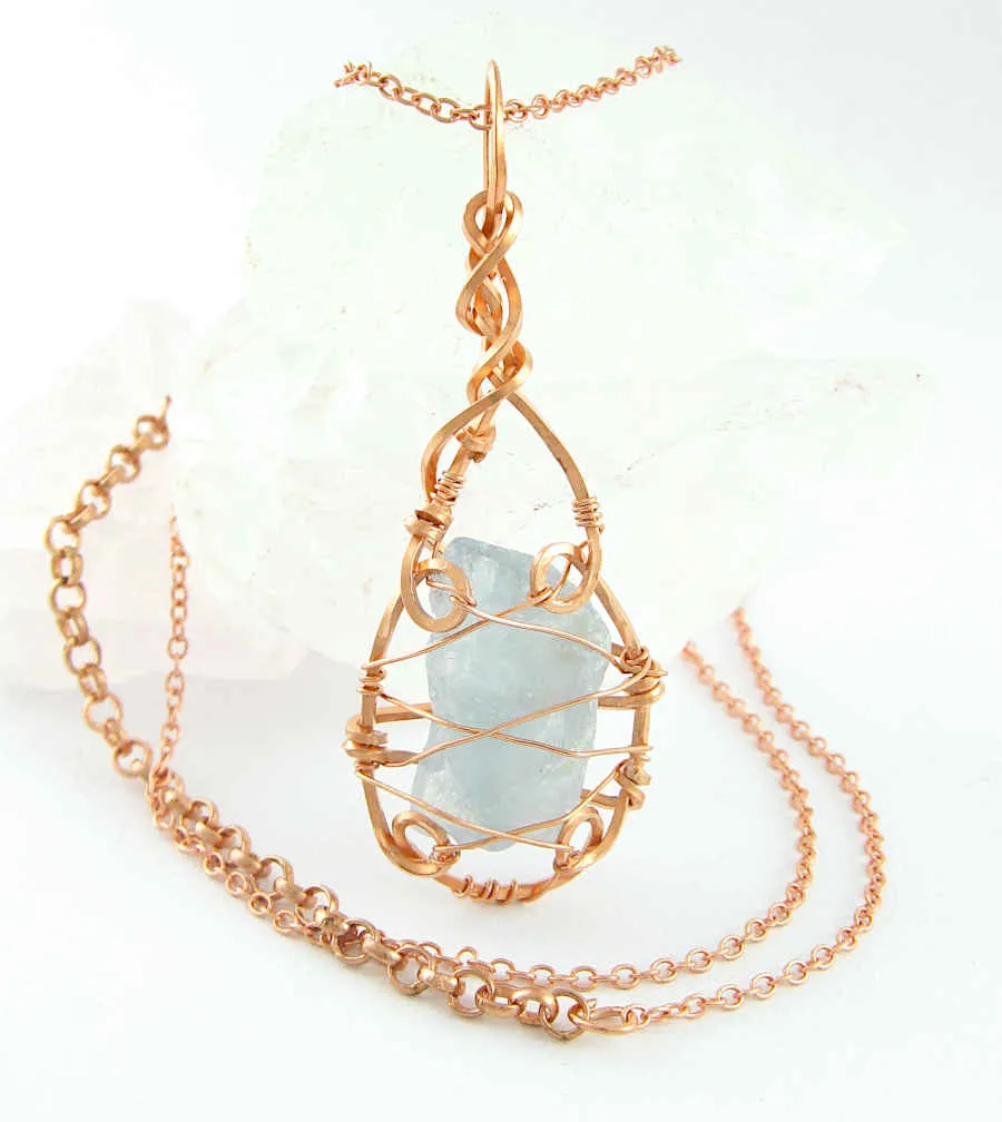 Raw Blue Celestite Crystal 'Cage' Pendant Necklace, Copper Wire-Wrapped, Handmade