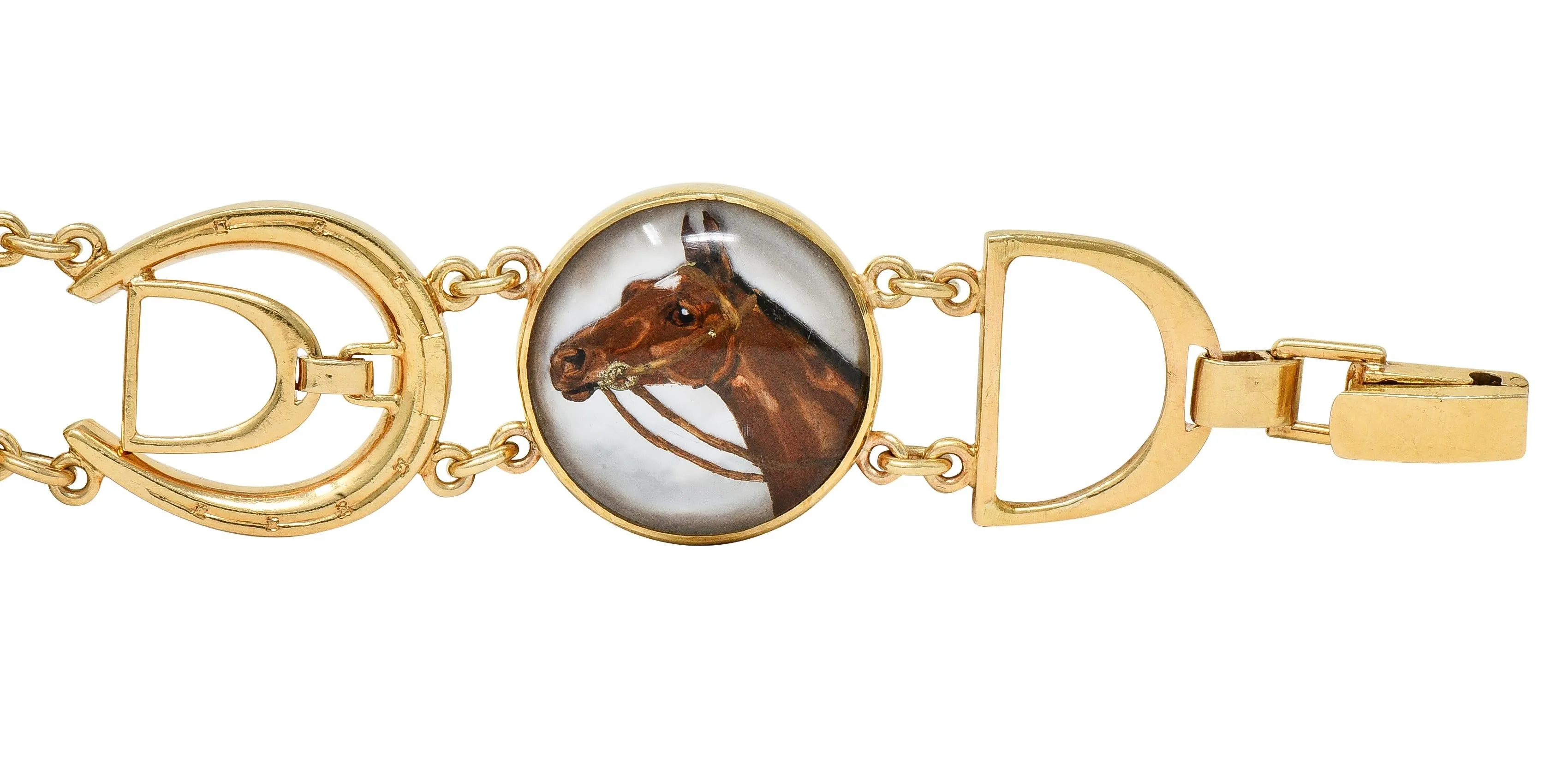 Raymond Yard Edwardian Essex Crystal Antique 14 Karat Gold Hunting Dog Horse Reverse Painted Bracelet