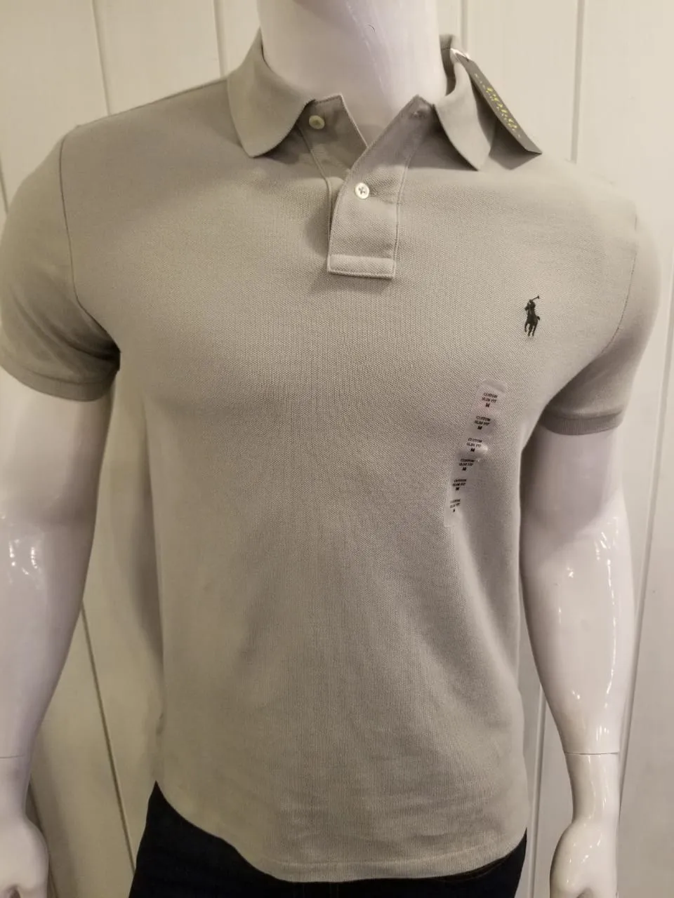 RL Custom Slim Fit Small Pony Mesh Light Grey Polo