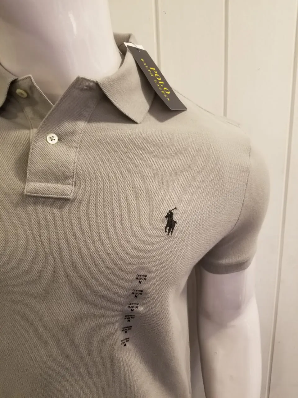 RL Custom Slim Fit Small Pony Mesh Light Grey Polo