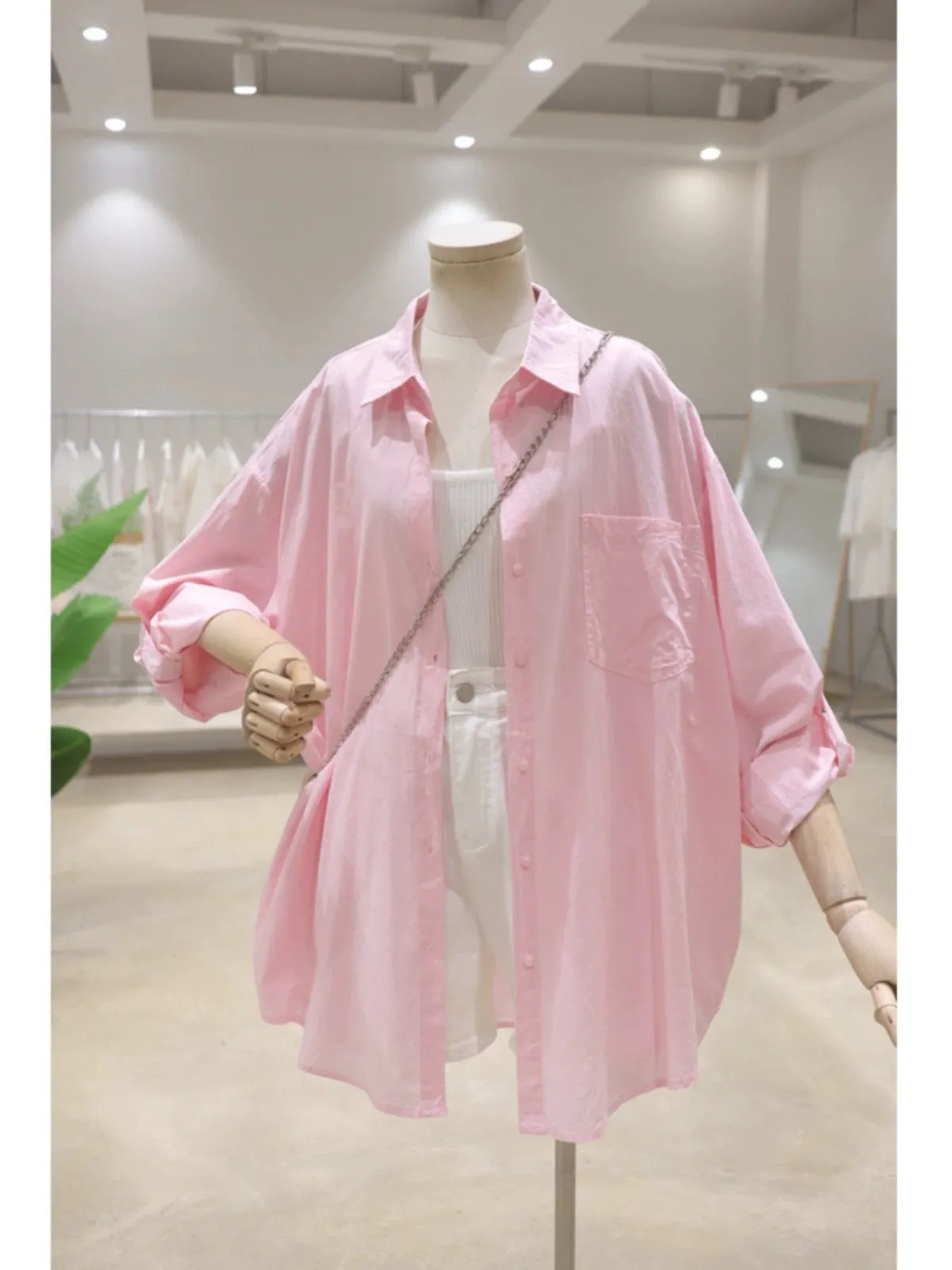 Rollable sleeves, breathable, fresh color, 2024 summer loose, slim, mid-length cotton sunscreen thin long-sleeved shirt for wome