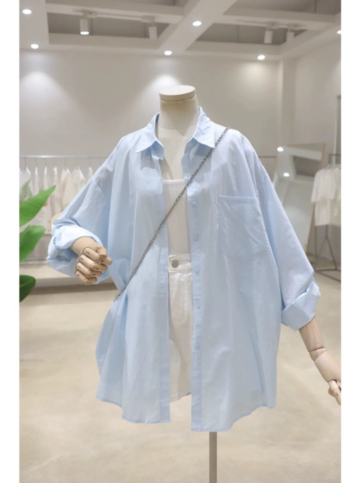 Rollable sleeves, breathable, fresh color, 2024 summer loose, slim, mid-length cotton sunscreen thin long-sleeved shirt for wome