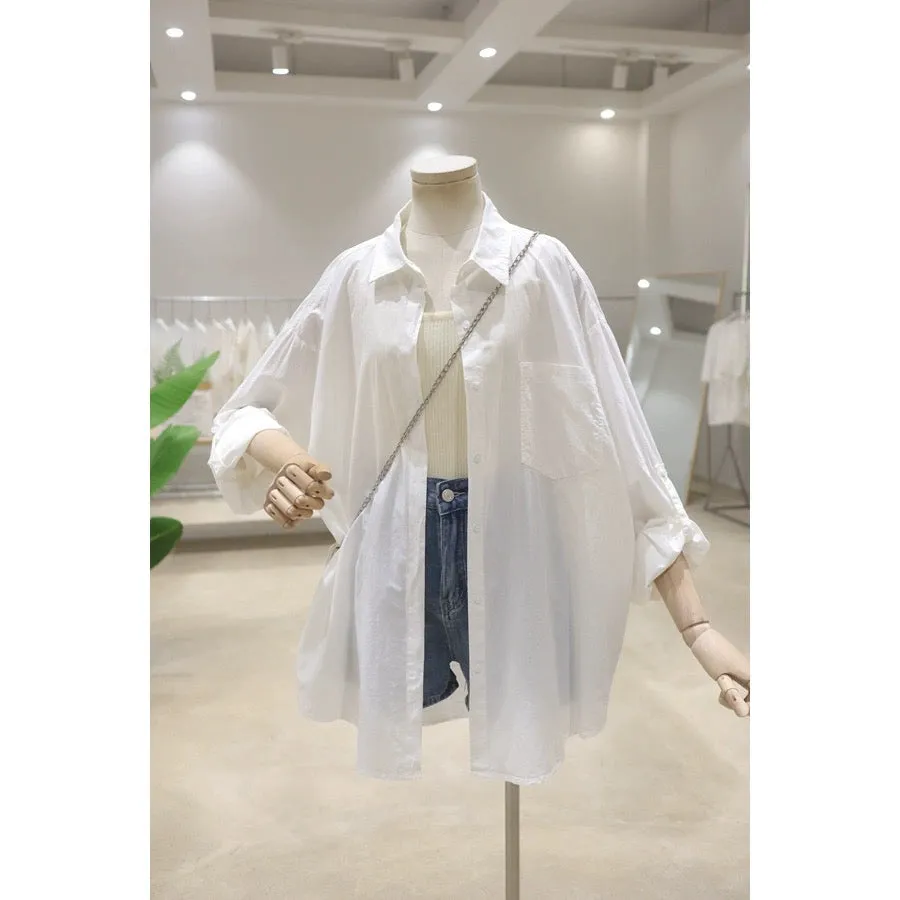 Rollable sleeves, breathable, fresh color, 2024 summer loose, slim, mid-length cotton sunscreen thin long-sleeved shirt for wome