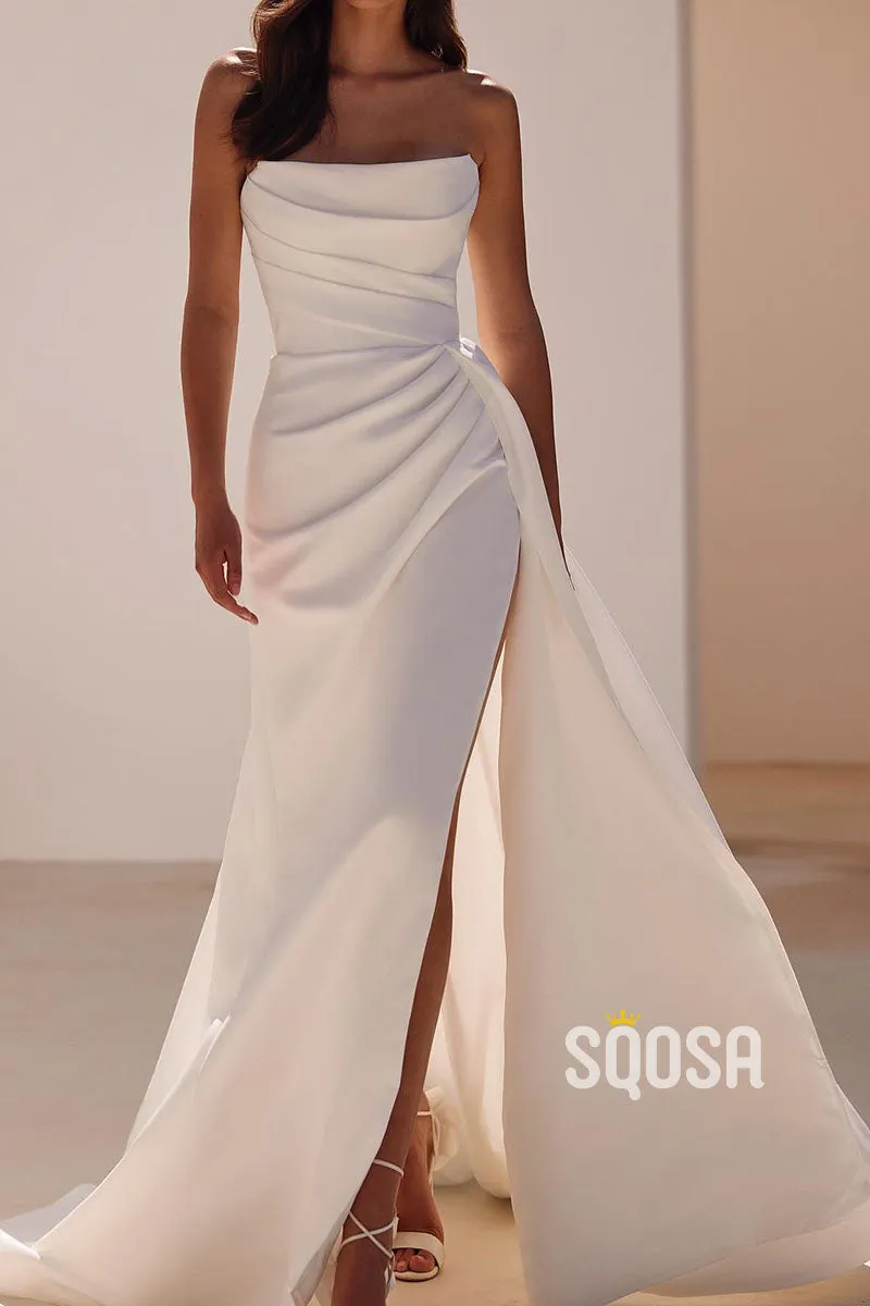 Satin Bateau Sleeveless  Empire Pleats With Side Slit Wedding Dress QW8183