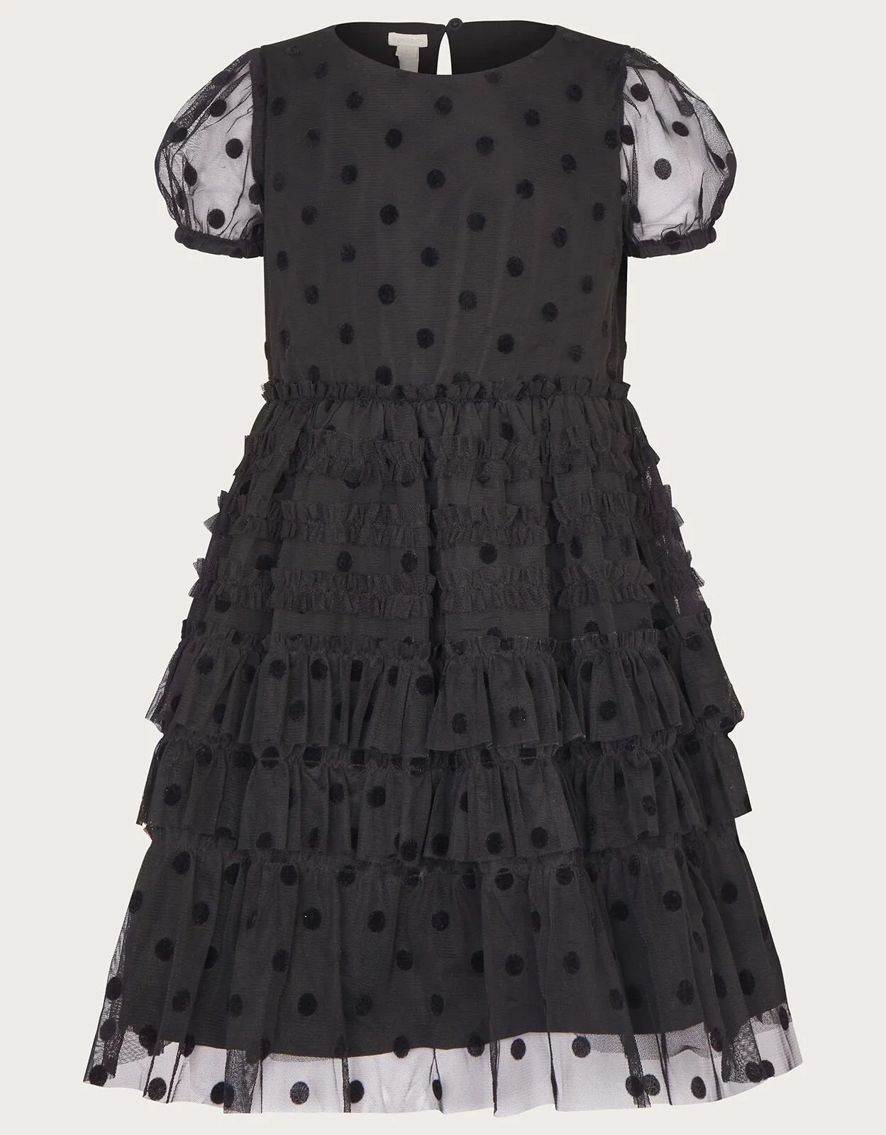 Spot Flock Mesh Tiered Dress Black