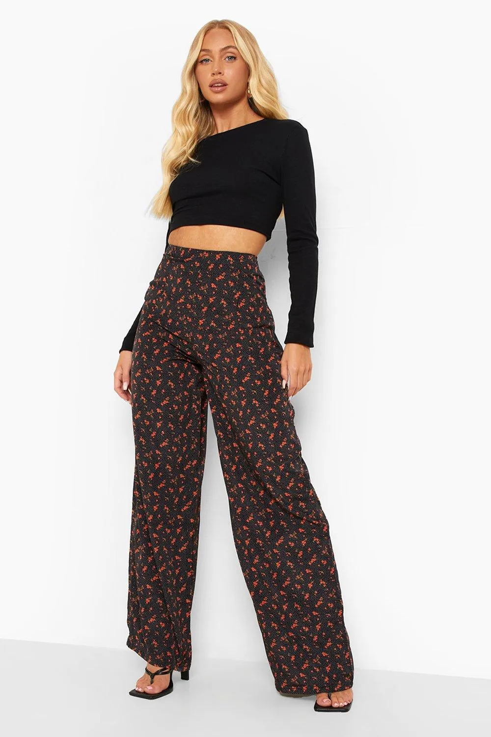 Spot Floral Woven Wide Leg Pants