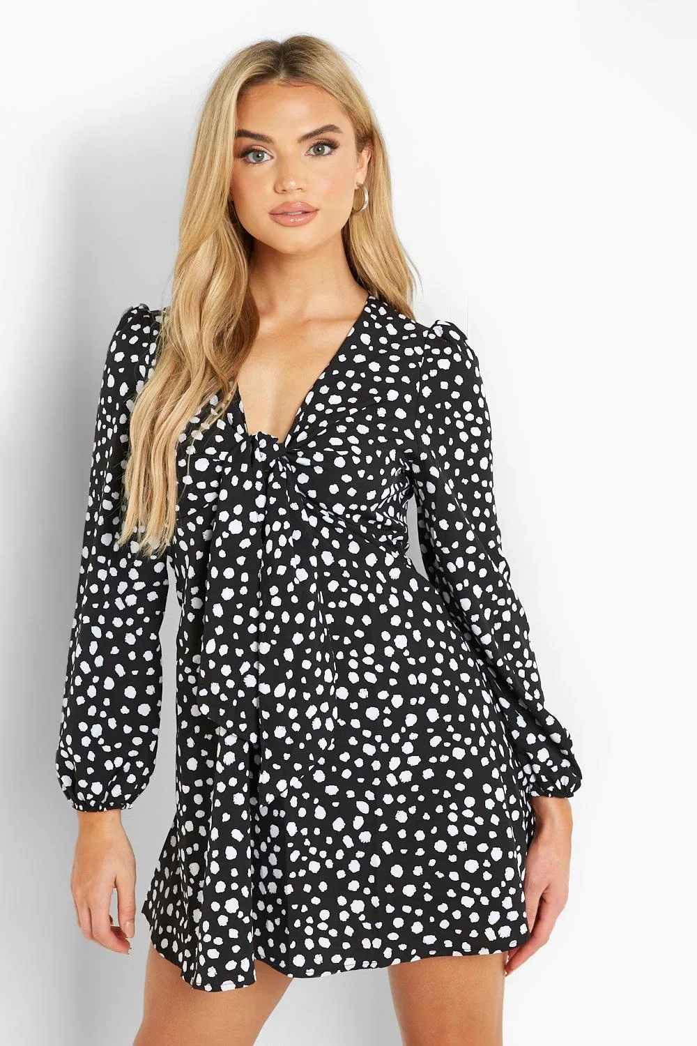 Spot Print Tie Front Skater Dress