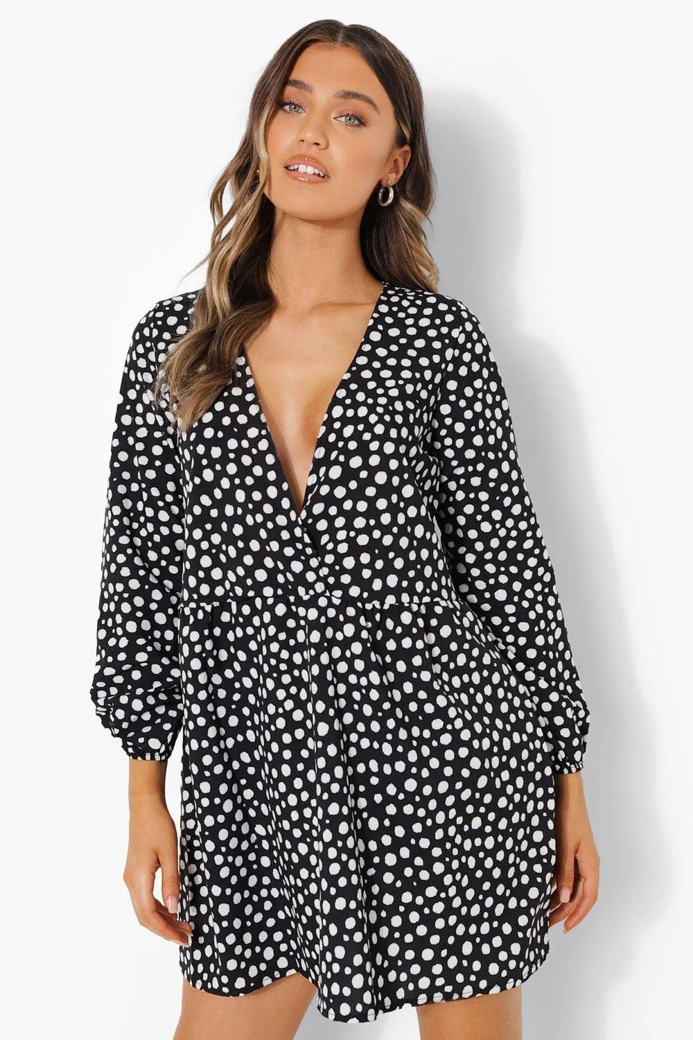 Spot Print Wrap Front Smock Dress