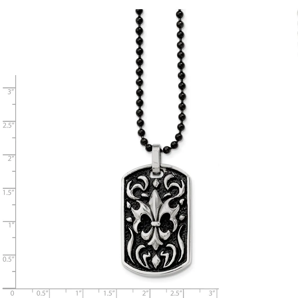 Stainless Steel Antiqued Fleur de lis Dog Tag Necklace - 24 Inch