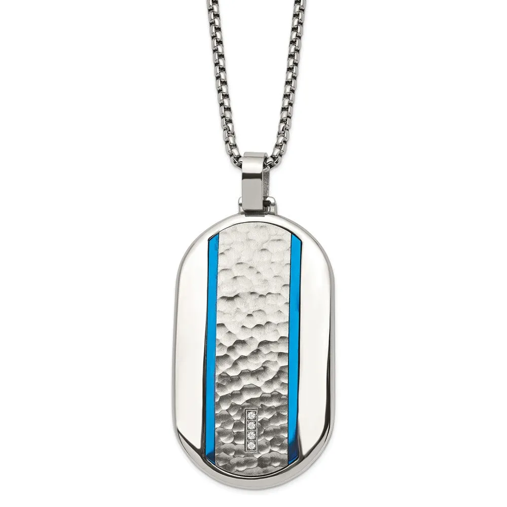 Stainless Steel CZ Blue Plated Large Rounded Dog Tag Necklace, 24 Inch