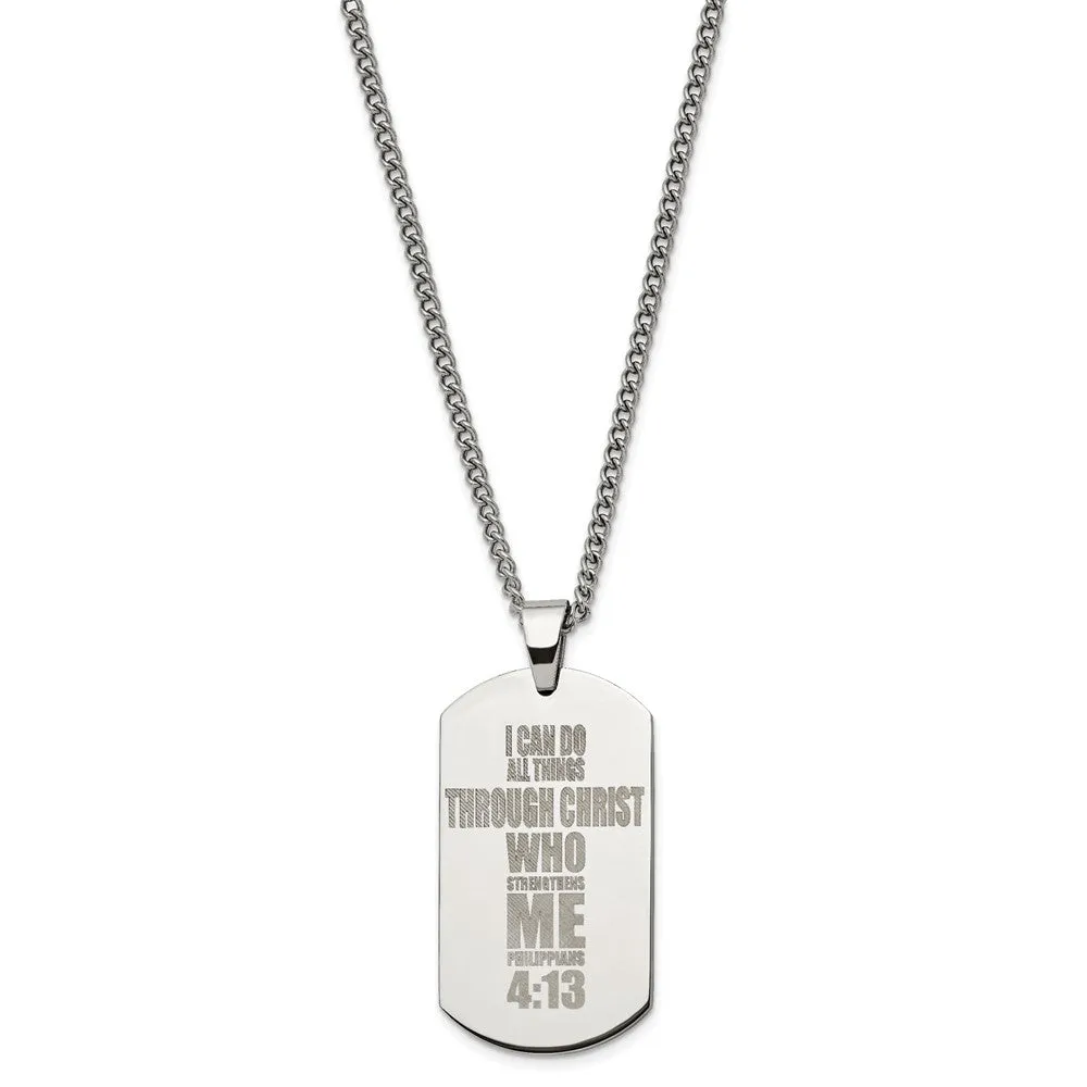 Stainless Steel Lasered Philippians 4:13 Dog Tag Necklace, 24 Inch