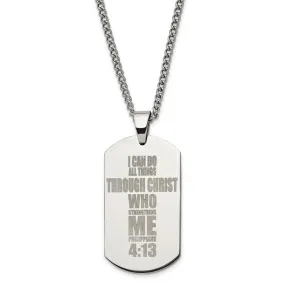 Stainless Steel Lasered Philippians 4:13 Dog Tag Necklace, 24 Inch