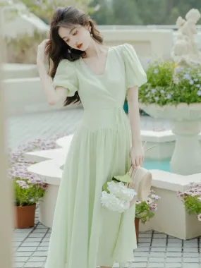 Tea break French green dress small fresh and sweet fairy seaside vacation beach long skirt summer texture high-end