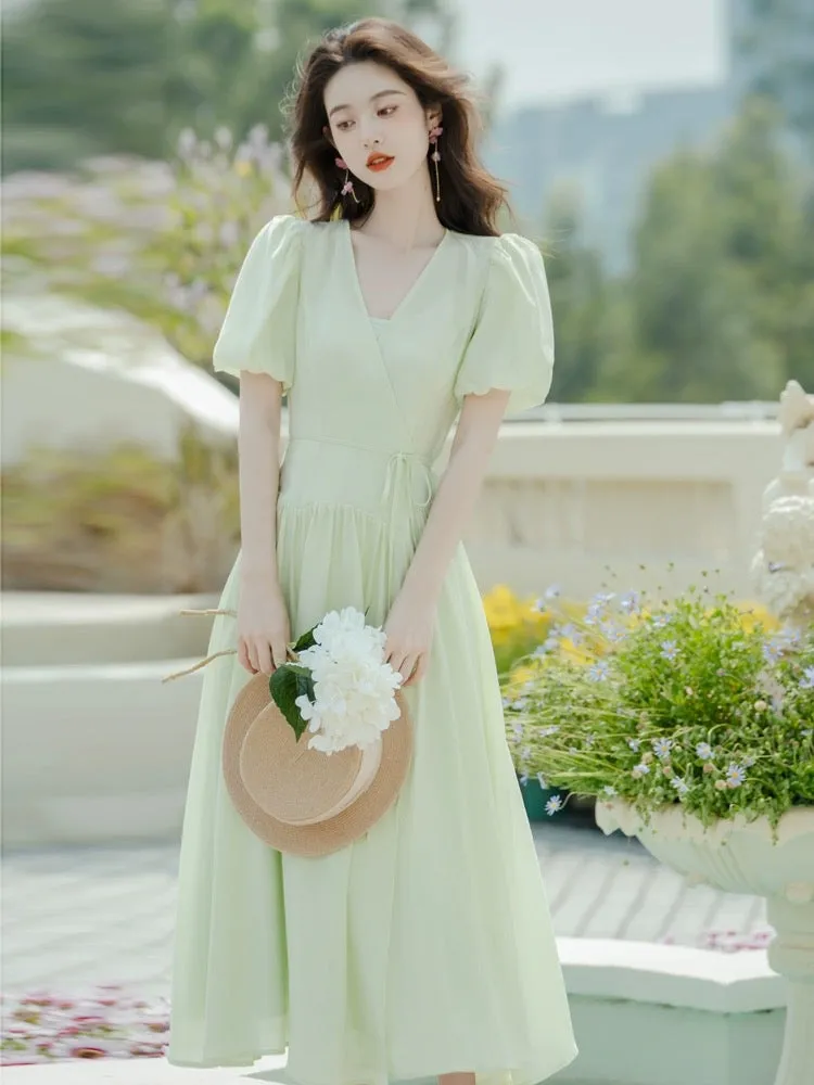 Tea break French green dress small fresh and sweet fairy seaside vacation beach long skirt summer texture high-end