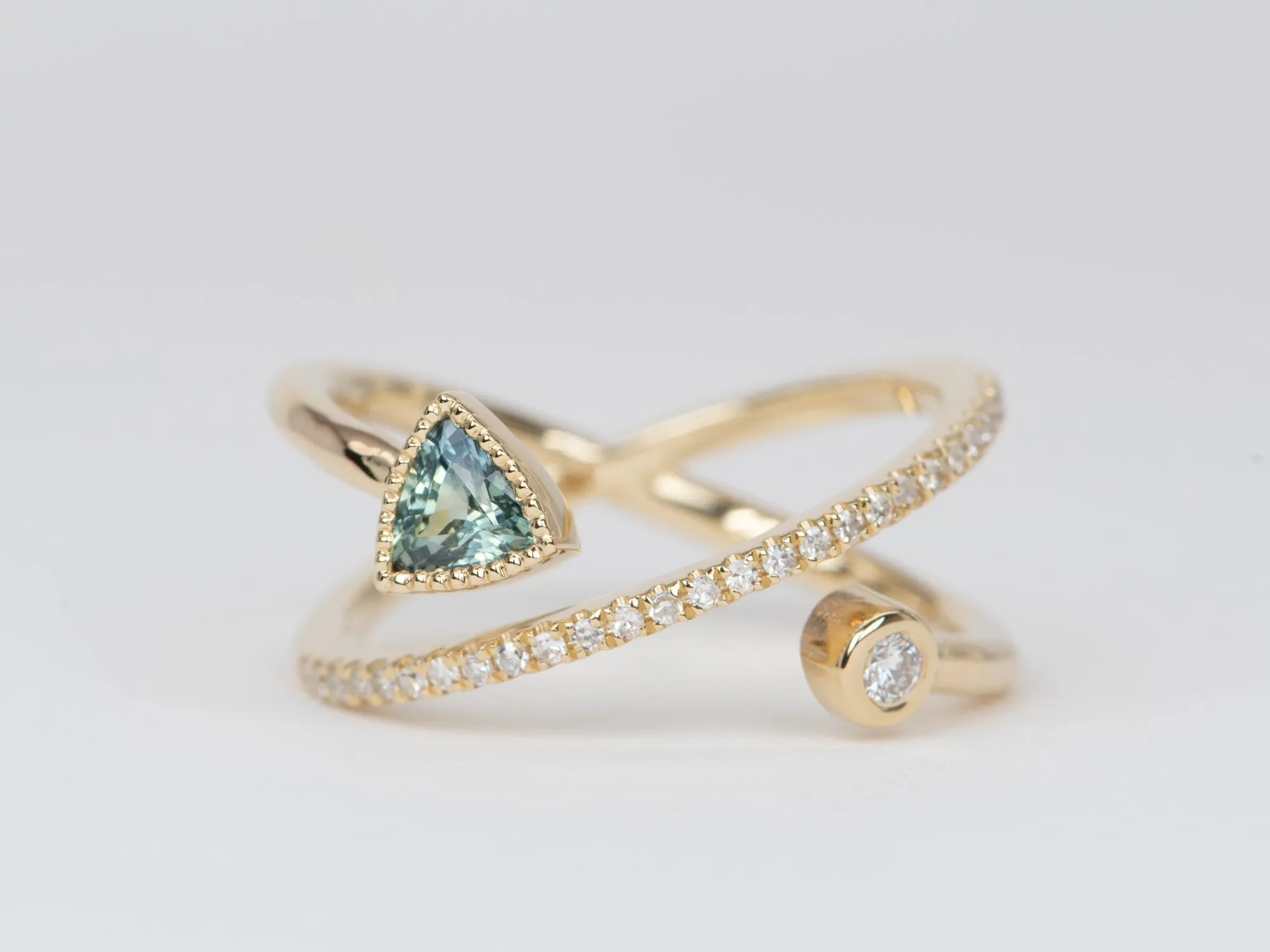 Teal Sapphire and Diamond Cross Over Cage Ring 14K Gold R6530