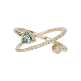 Teal Sapphire and Diamond Cross Over Cage Ring 14K Gold R6530