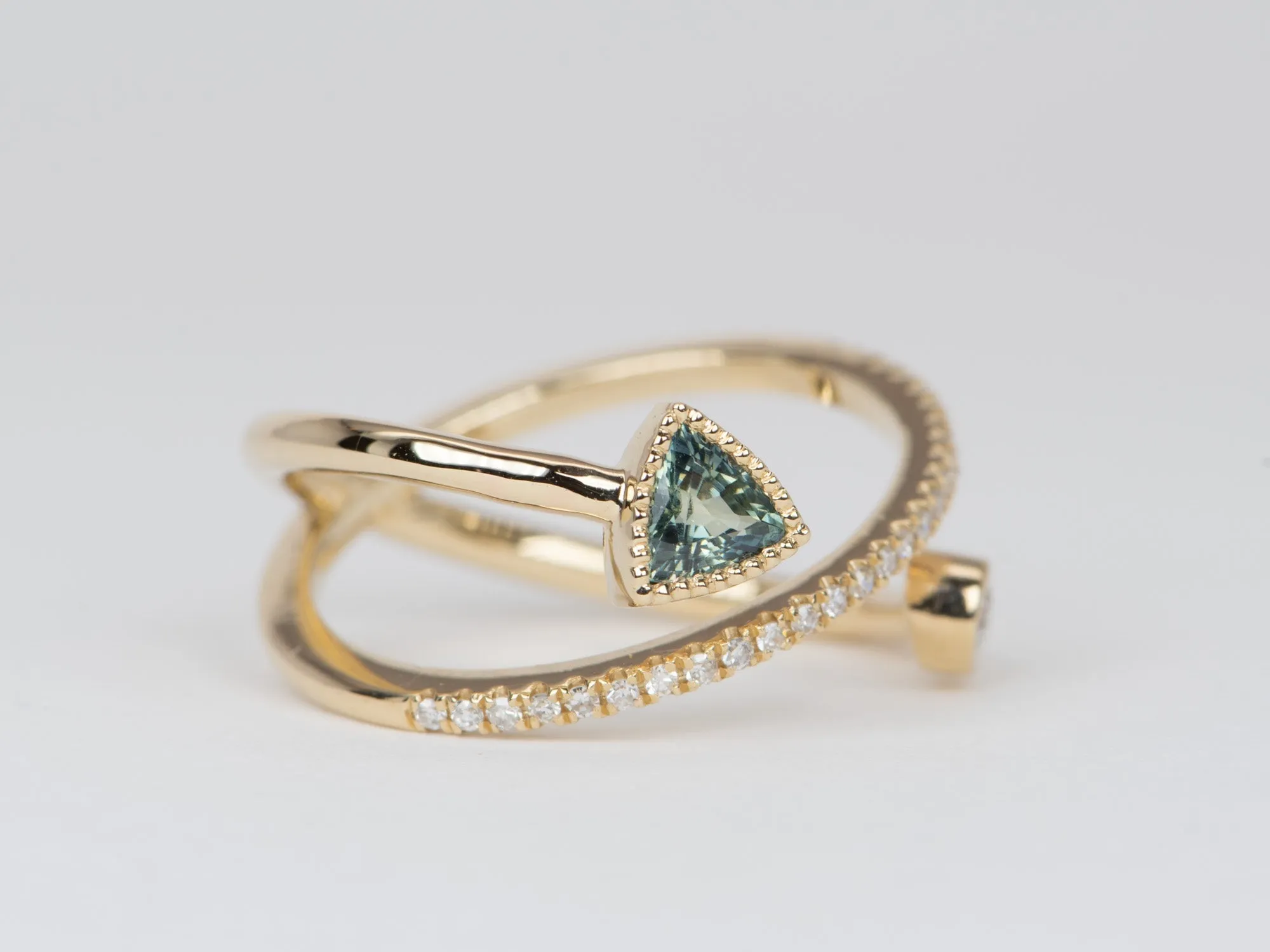 Teal Sapphire and Diamond Cross Over Cage Ring 14K Gold R6530