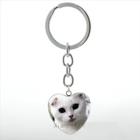 Unisex Cute White Scottish Burmese Tabby Cat Animal Fold Keychain Jewelry