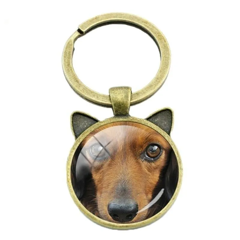 Vintage Dachshund Buddy Dog Animal Glass Gem Keychain Ring Holder