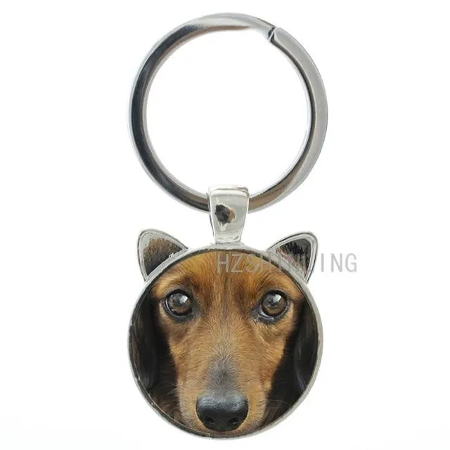 Vintage Dachshund Buddy Dog Animal Glass Gem Keychain Ring Holder