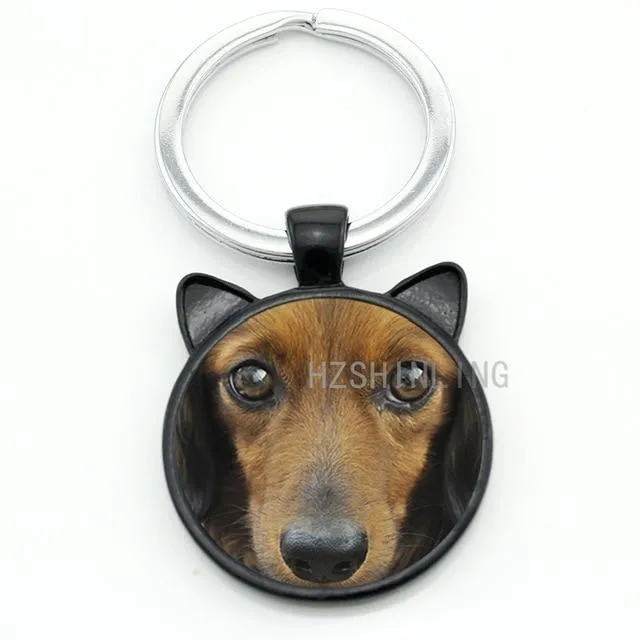 Vintage Dachshund Buddy Dog Animal Glass Gem Keychain Ring Holder