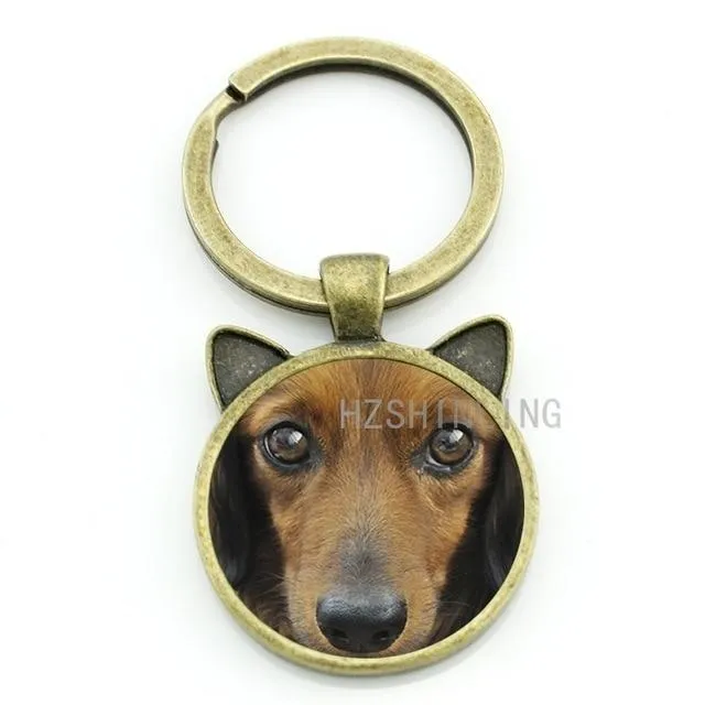 Vintage Dachshund Buddy Dog Animal Glass Gem Keychain Ring Holder